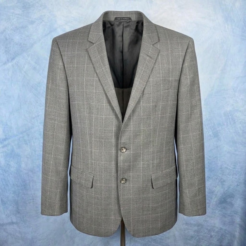 Hugo Boss Mens Super 100 Virgin Wool Grey Windowpane Plaid Blazer Sport Coat